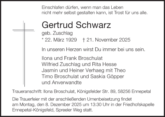 Traueranzeige von Gertrud Schwarz von Tageszeitung