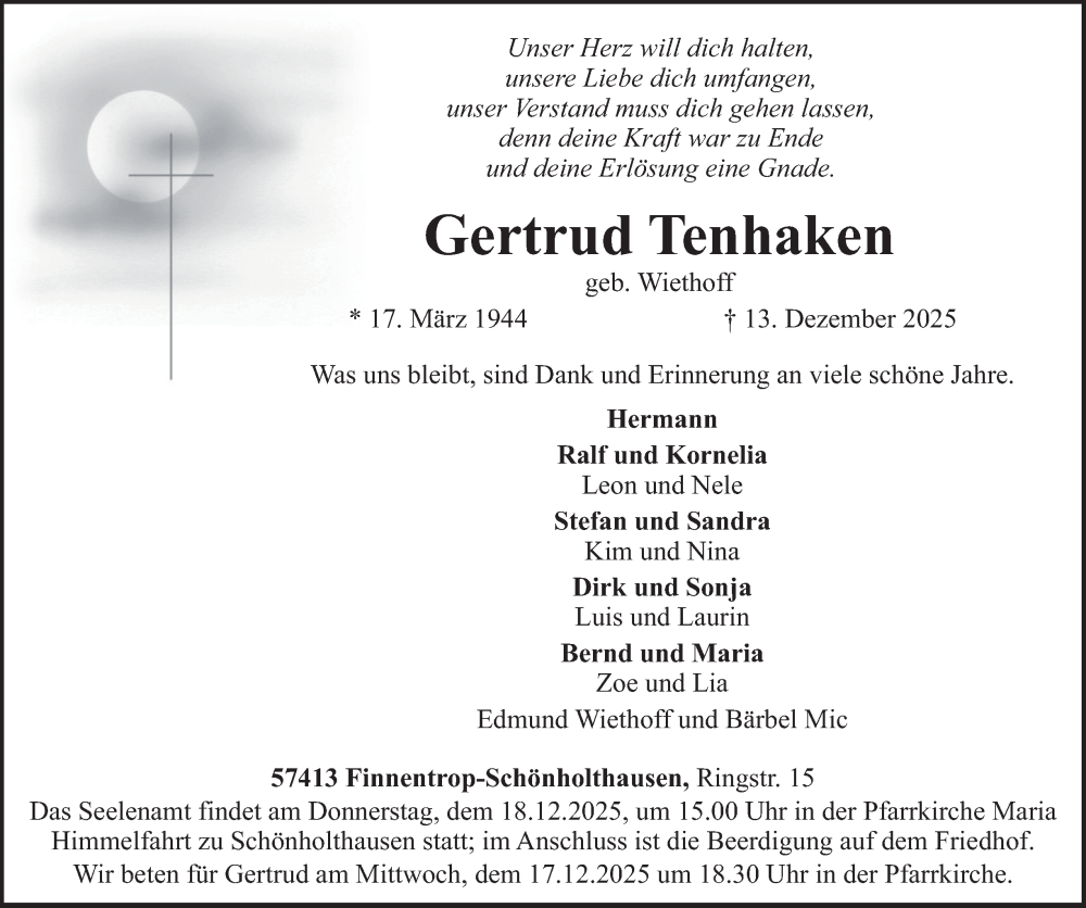  Traueranzeige für Gertrud Tenhaken vom 17.12.2025 aus Tageszeitung