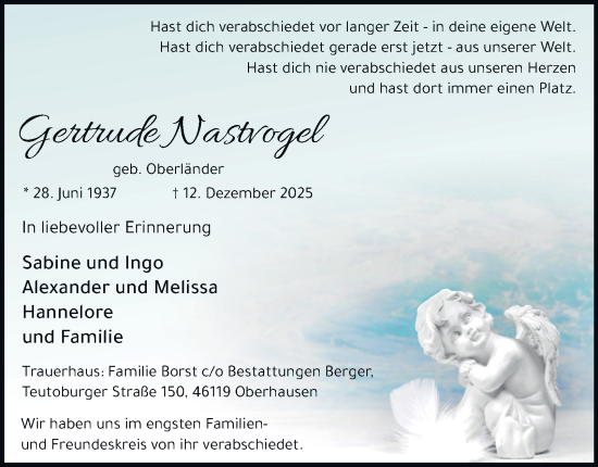 Traueranzeige von Gertrude Nastvogel von Tageszeitung