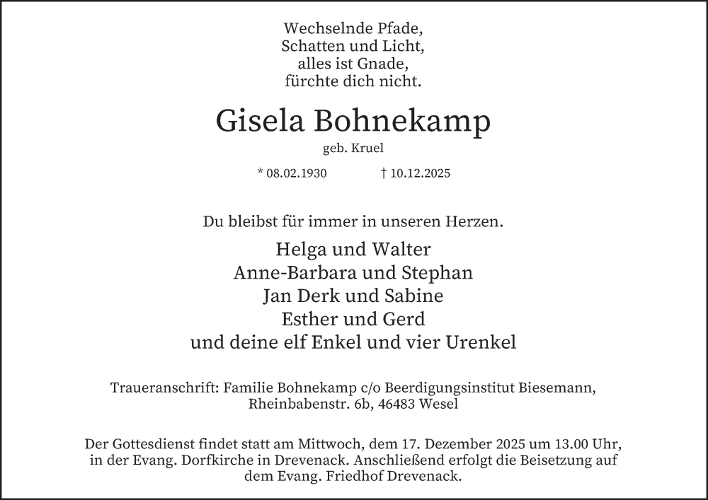  Traueranzeige für Gisela Bohnekamp vom 13.12.2025 aus Tageszeitung