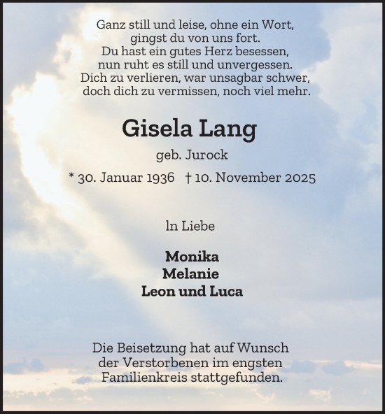 Traueranzeige von Gisela Lang von Tageszeitung