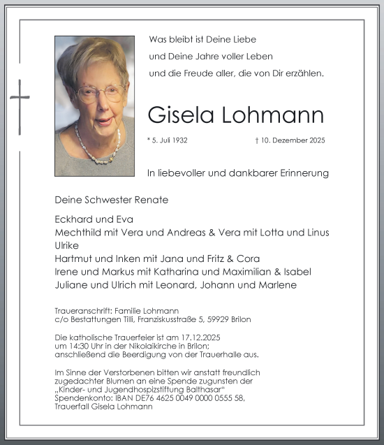 Traueranzeige von Gisela Lohmann von Tageszeitung