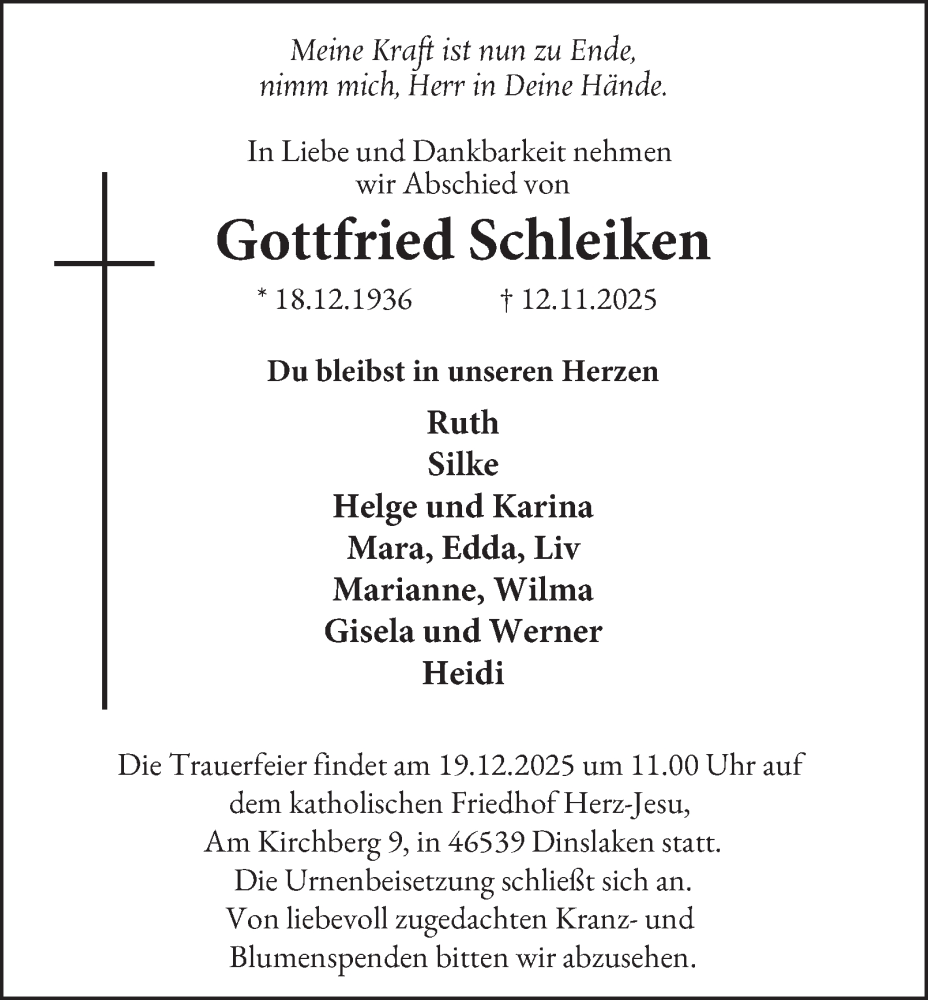  Traueranzeige für Gottfried Schleiken vom 13.12.2025 aus Tageszeitung