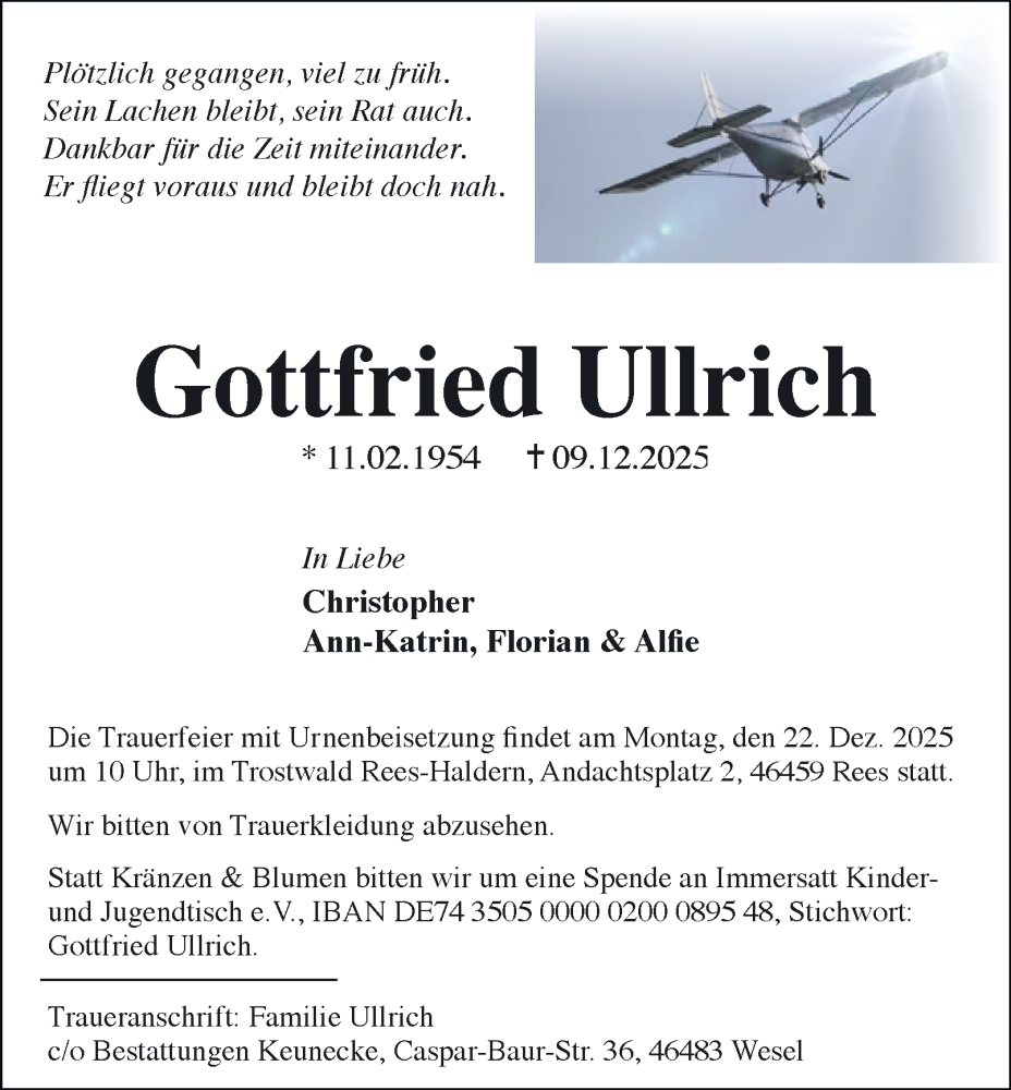 Traueranzeige für Gottfried Ullrich vom 20.12.2025 aus Tageszeitung