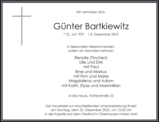 Traueranzeige von Günter Bartkiewitz von Tageszeitung