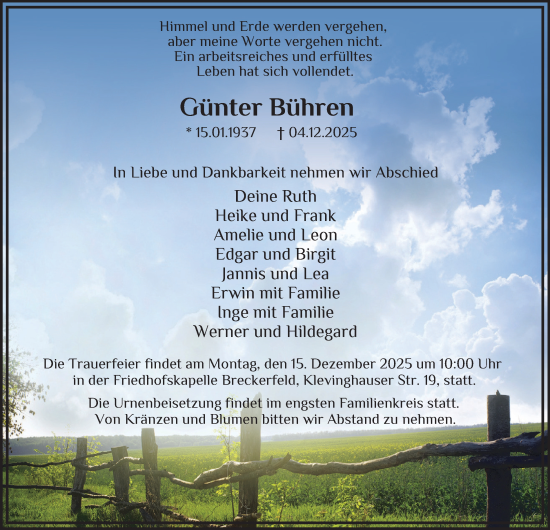 Traueranzeige von Günter Bühren von Tageszeitung