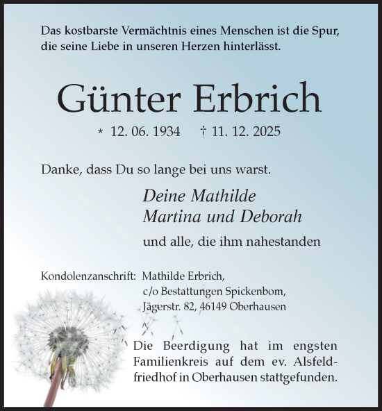 Traueranzeige von Günter Erbrich von Tageszeitung