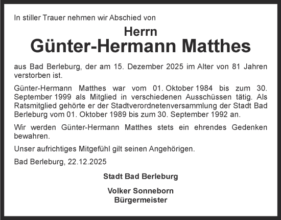 Traueranzeige von Günter-Hermann Matthes von Tageszeitung