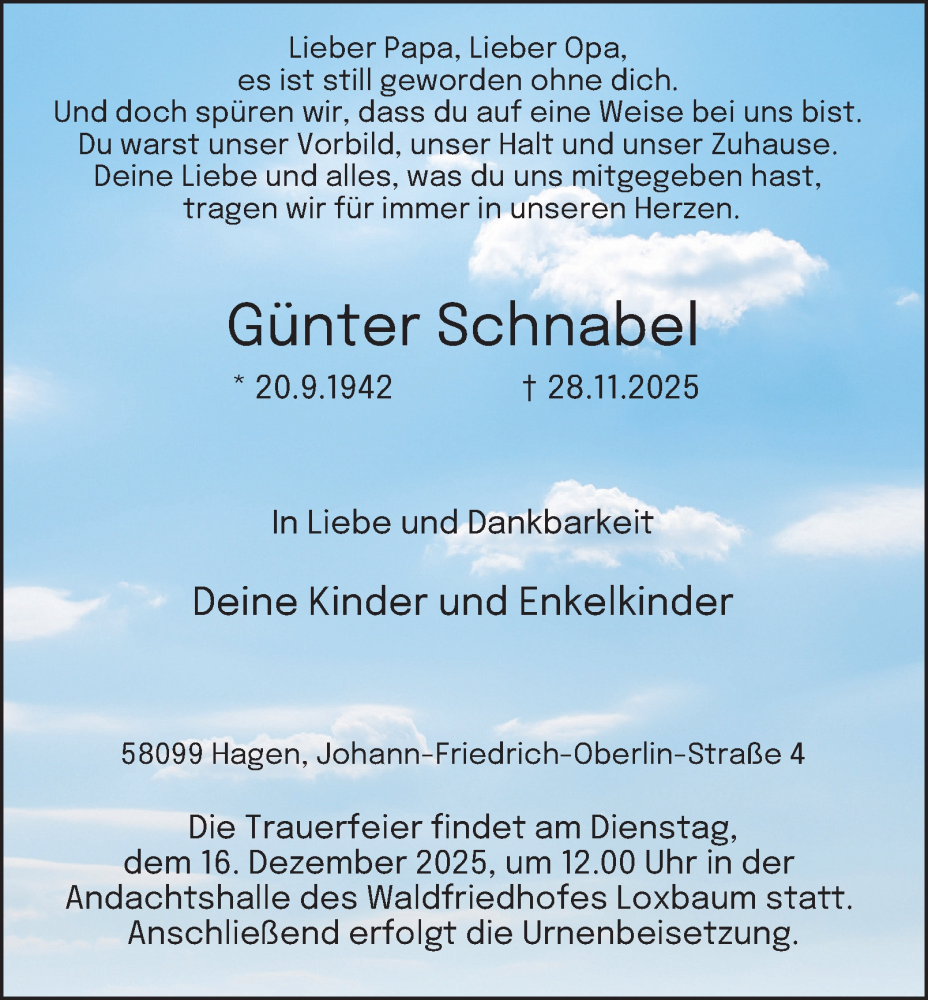  Traueranzeige für Günter Schnabel vom 06.12.2025 aus Tageszeitung