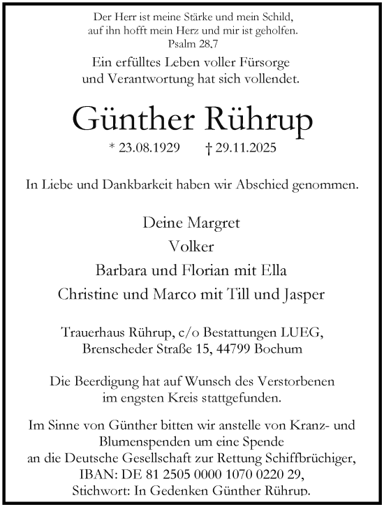 Traueranzeige von Günther Rührup von Tageszeitung