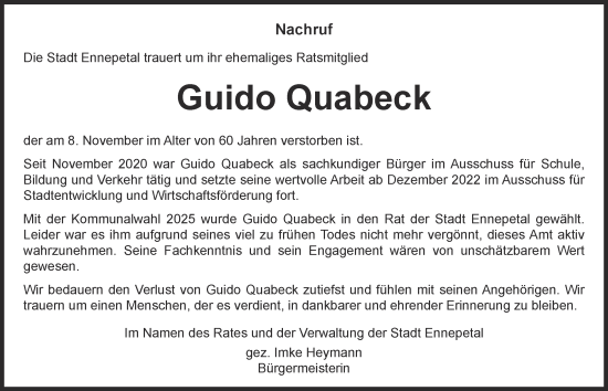 Traueranzeige von Guido Quabeck von Tageszeitung