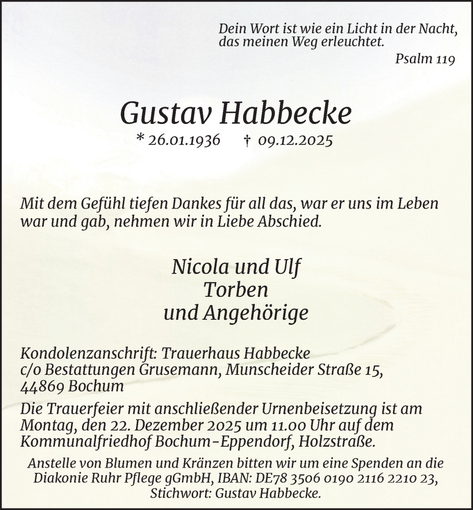  Traueranzeige für Gustav Habbecke vom 20.12.2025 aus Tageszeitung