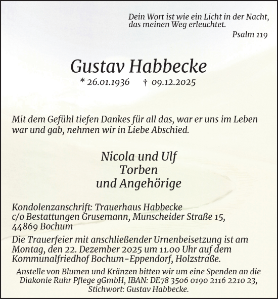 Traueranzeige von Gustav Habbecke von Tageszeitung