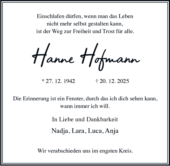 Traueranzeige von Hanne Hofmann von Tageszeitung