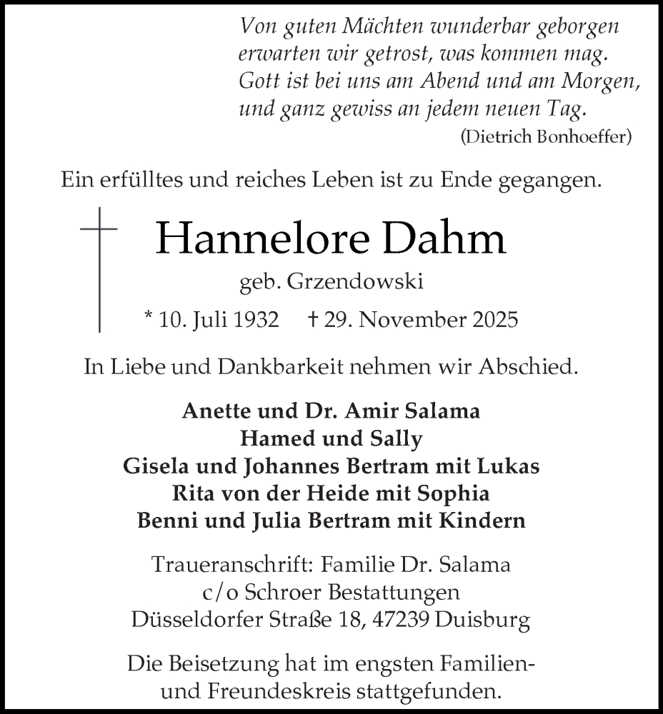  Traueranzeige für Hannelore Dahm vom 20.12.2025 aus Tageszeitung