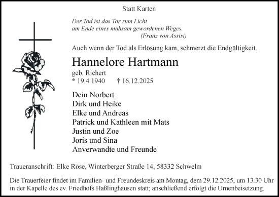 Traueranzeige von Hannelore Hartmann von Tageszeitung