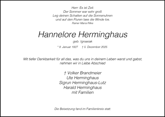 Traueranzeige von Hannelore Herminghaus von Tageszeitung
