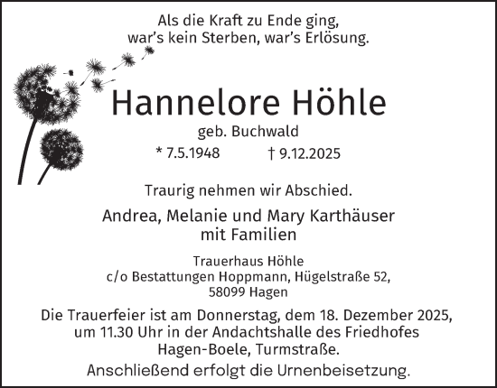 Traueranzeige von Hannelore Höhle von Tageszeitung