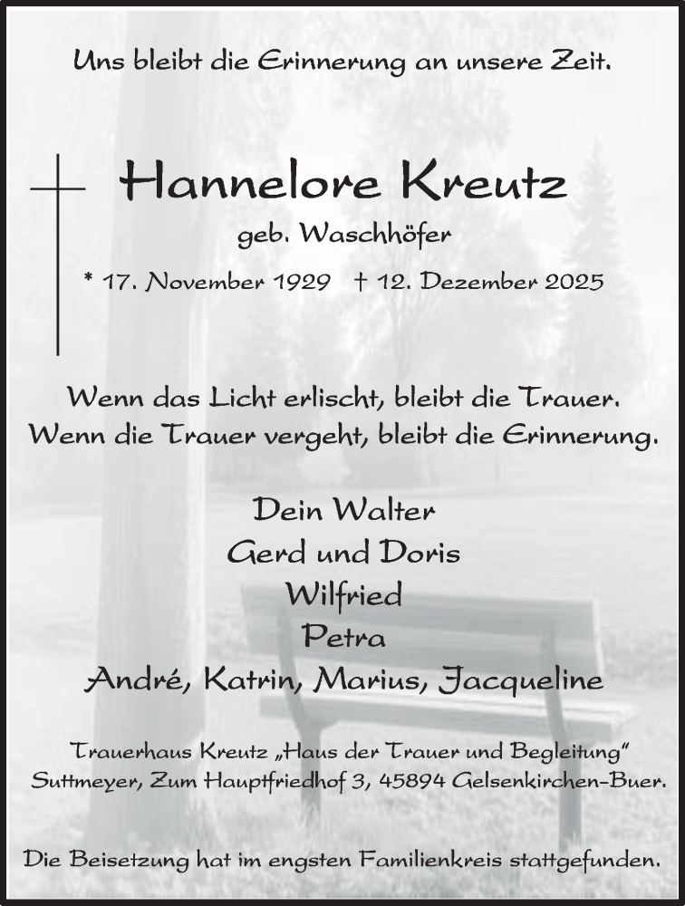  Traueranzeige für Hannelore Kreutz vom 20.12.2025 aus Tageszeitung