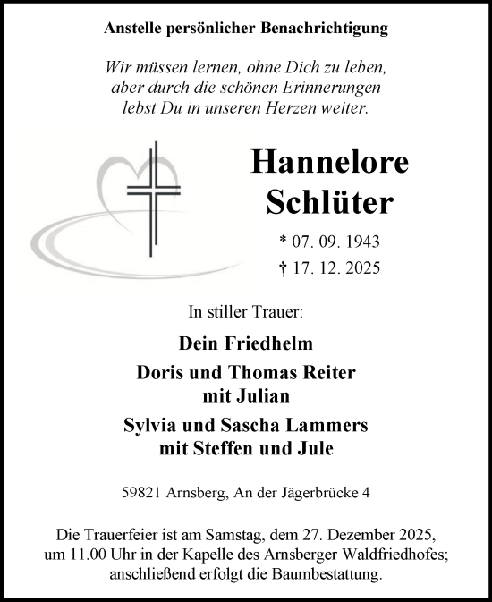 Traueranzeige von Hannelore Schlüter von Tageszeitung