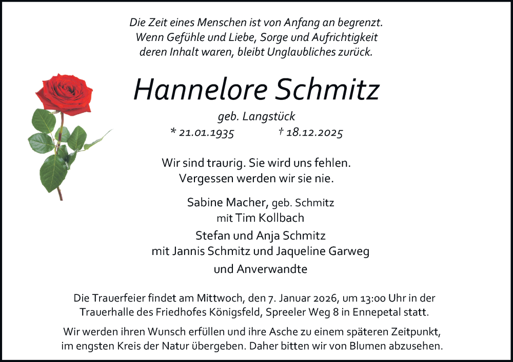  Traueranzeige für Hannelore Schmitz vom 27.12.2025 aus Tageszeitung