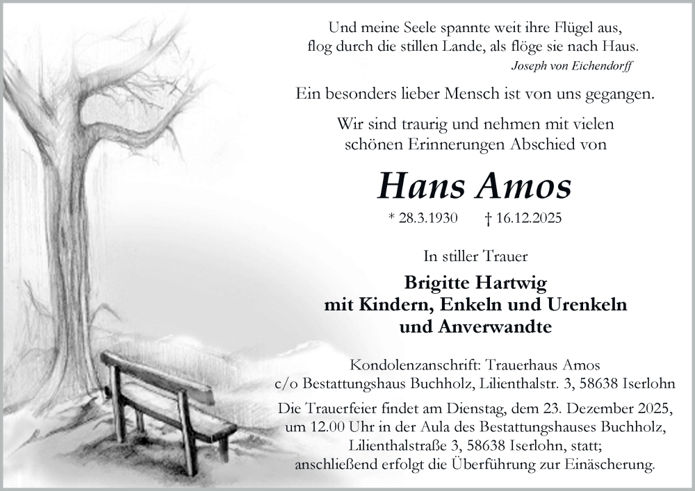  Traueranzeige für Hans Amos vom 20.12.2025 aus Tageszeitung