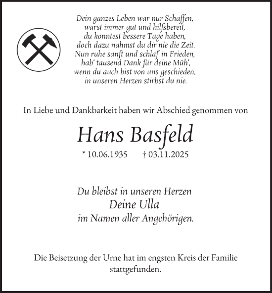 Traueranzeige von Hans Basfeld von Tageszeitung