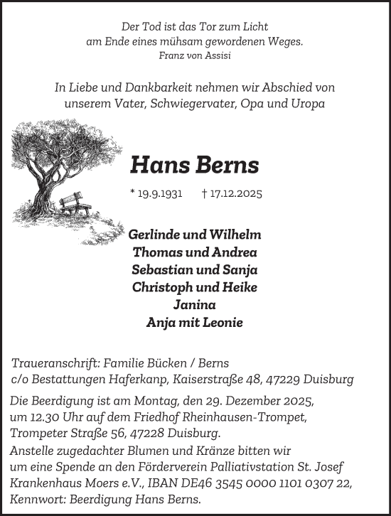 Traueranzeige von Hans Berns von Tageszeitung