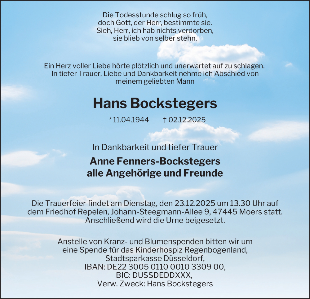  Traueranzeige für Hans Bockstegers vom 13.12.2025 aus Tageszeitung