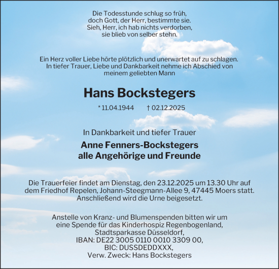 Traueranzeige von Hans Bockstegers von Tageszeitung