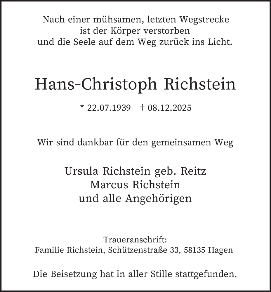  Traueranzeige für Hans-Christoph Richstein vom 27.12.2025 aus Tageszeitung