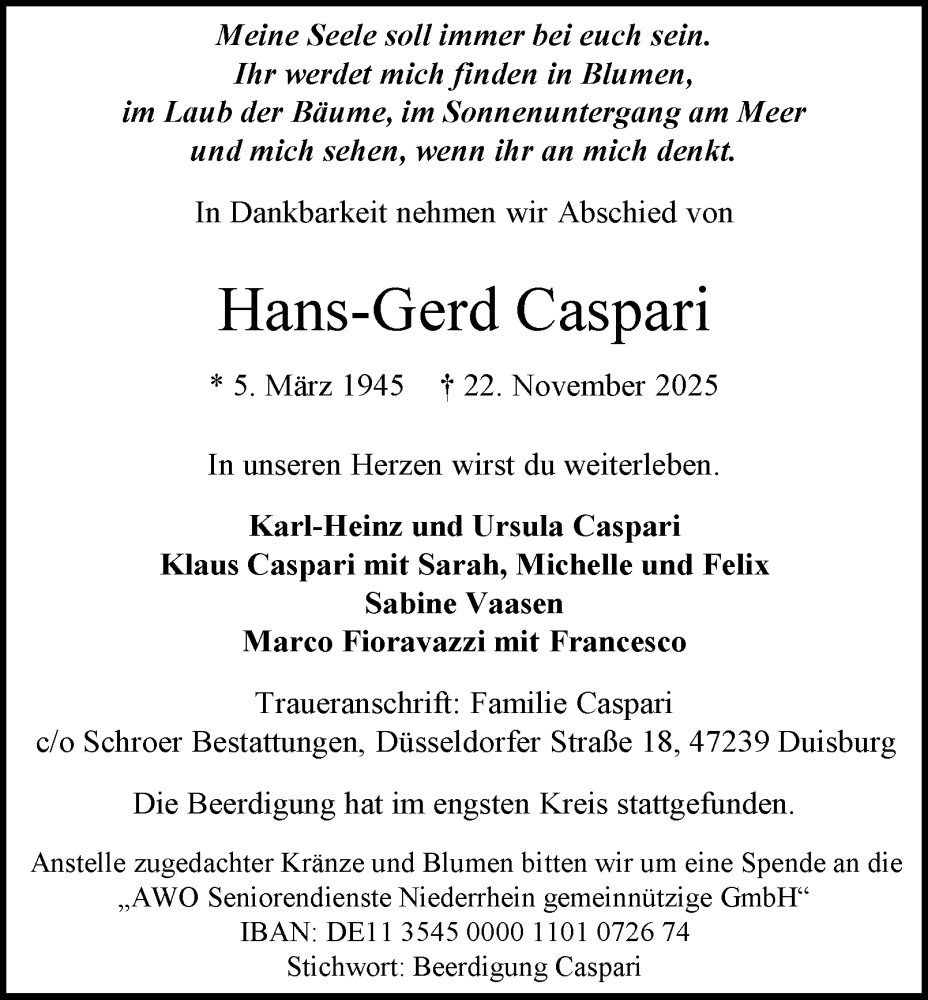  Traueranzeige für Hans-Gerd Caspari vom 13.12.2025 aus Tageszeitung