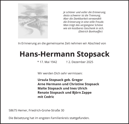 Traueranzeige von Hans-Hermann Stopsack von Tageszeitung