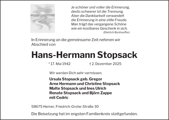 Traueranzeige von Hans-Hermann Stopsack von Tageszeitung