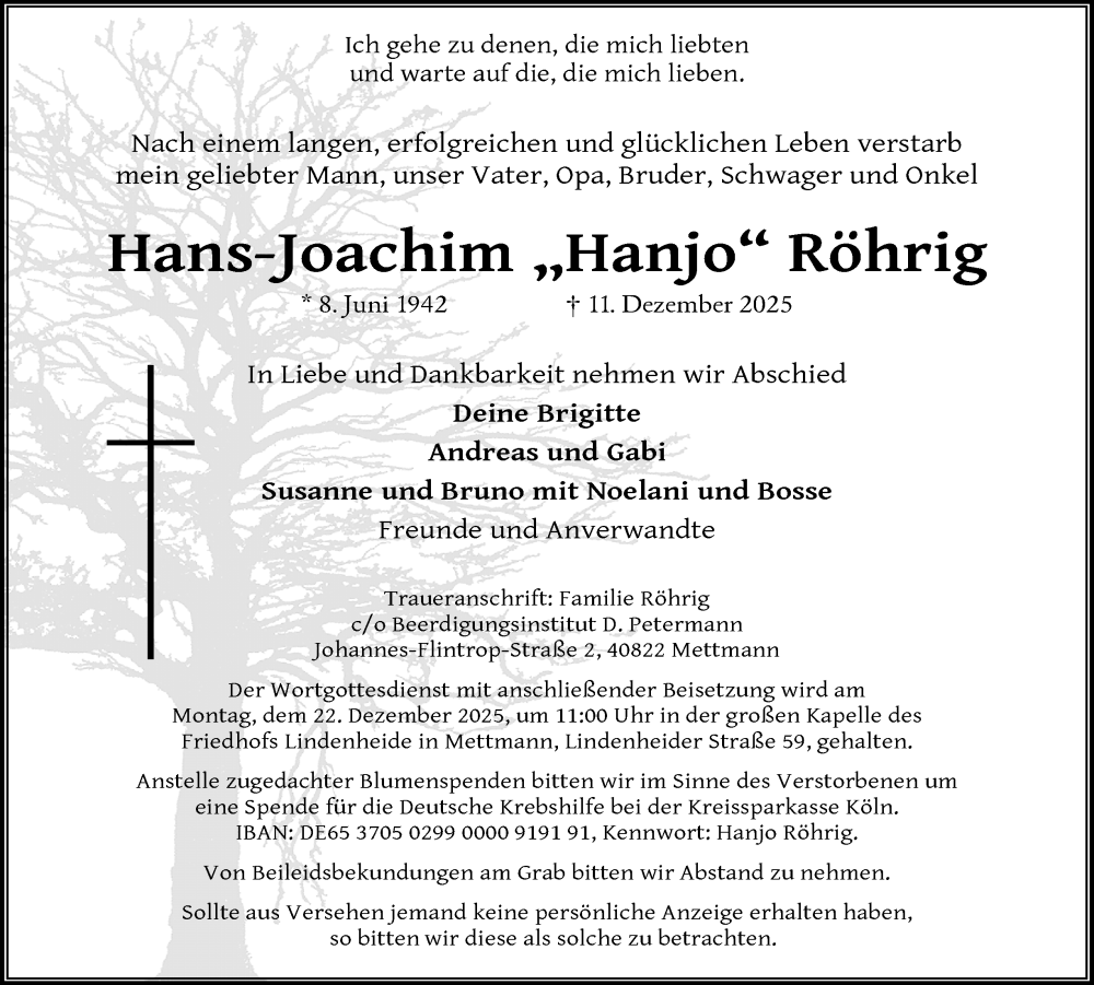  Traueranzeige für Hans-Joachim Röhrig vom 20.12.2025 aus Tageszeitung