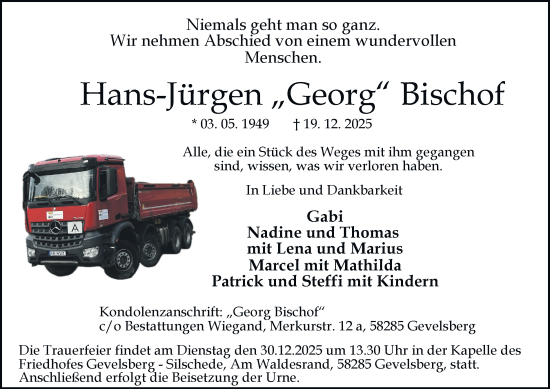 Traueranzeige von Hans-Jürgen Bischof von Tageszeitung