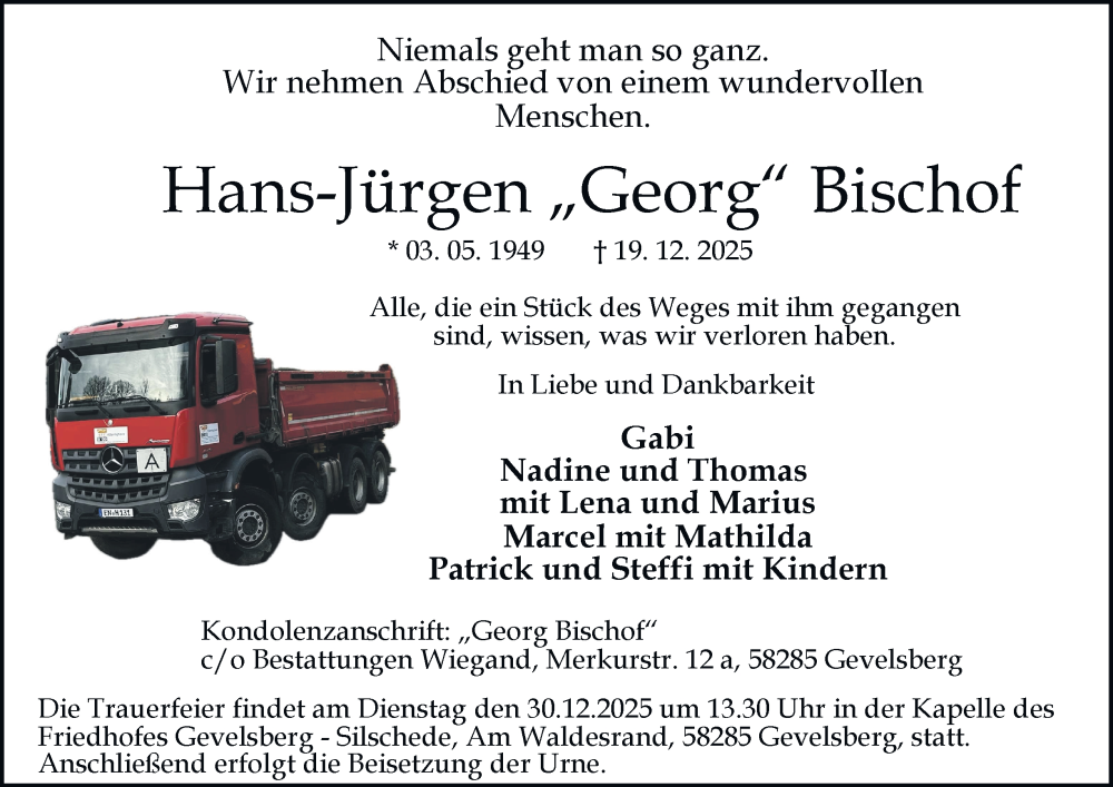  Traueranzeige für Hans-Jürgen Bischof vom 27.12.2025 aus Tageszeitung