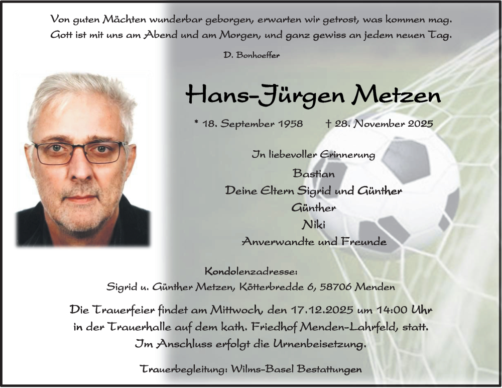  Traueranzeige für Hans-Jürgen Metzen vom 13.12.2025 aus Tageszeitung