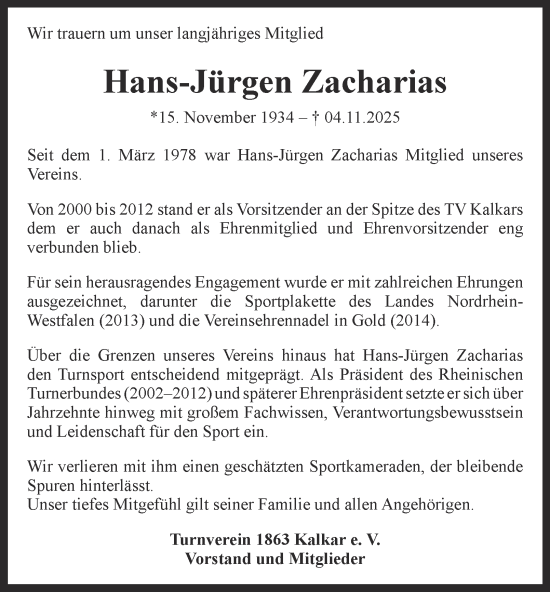 Traueranzeige von Hans-Jürgen Zacharias von Tageszeitung