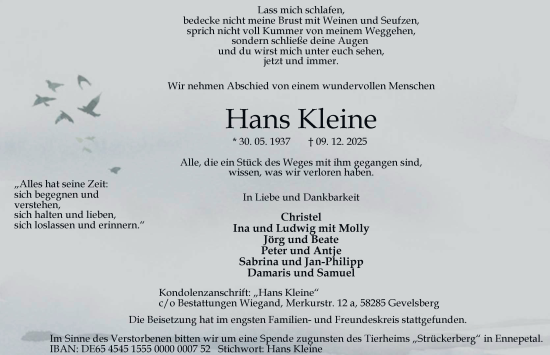 Traueranzeige von Hans Kleine von Tageszeitung
