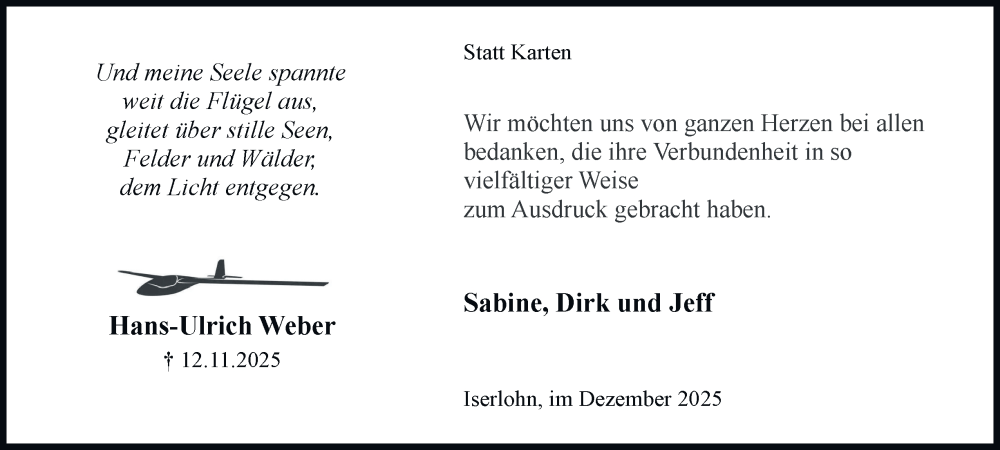  Traueranzeige für Hans-Ulrich Weber vom 27.12.2025 aus Tageszeitung