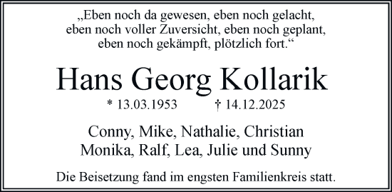 Traueranzeige von Hans Georg Kollarik von Tageszeitung