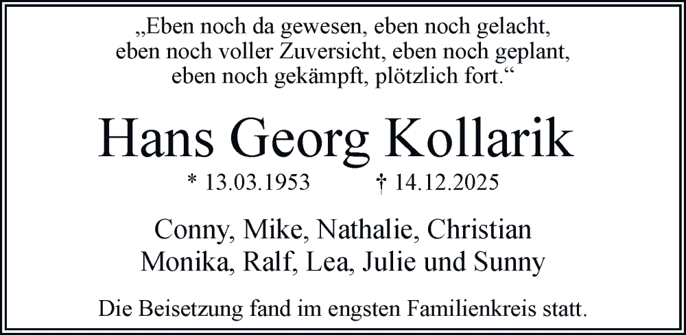  Traueranzeige für Hans Georg Kollarik vom 27.12.2025 aus Tageszeitung