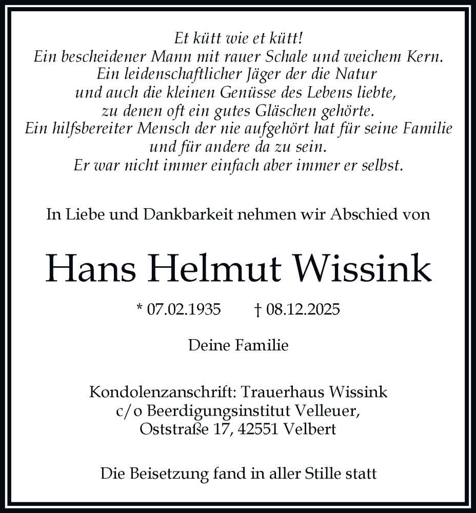  Traueranzeige für Hans Helmut Wissink vom 27.12.2025 aus Tageszeitung