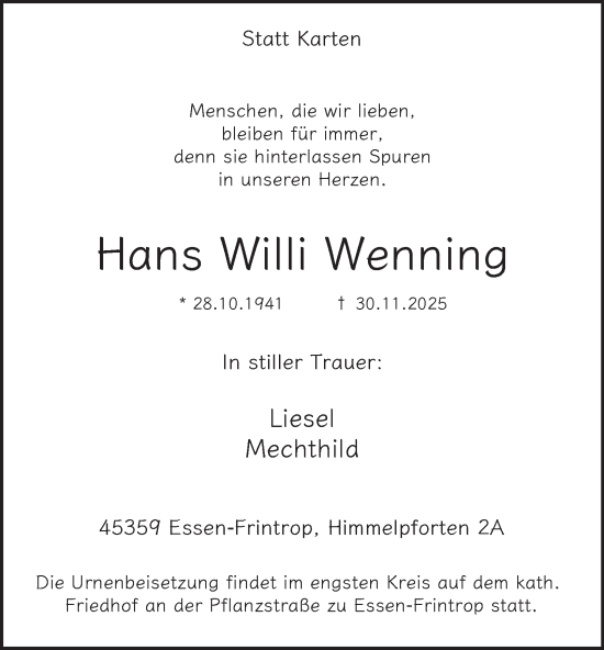 Traueranzeige von Hans Willi Wenning von Tageszeitung