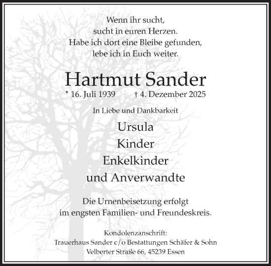 Traueranzeige von Hartmut Sander von Tageszeitung