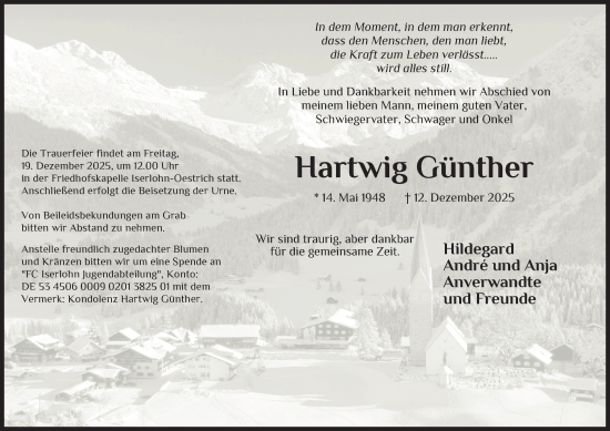 Traueranzeige von Hartwig Günther von Tageszeitung