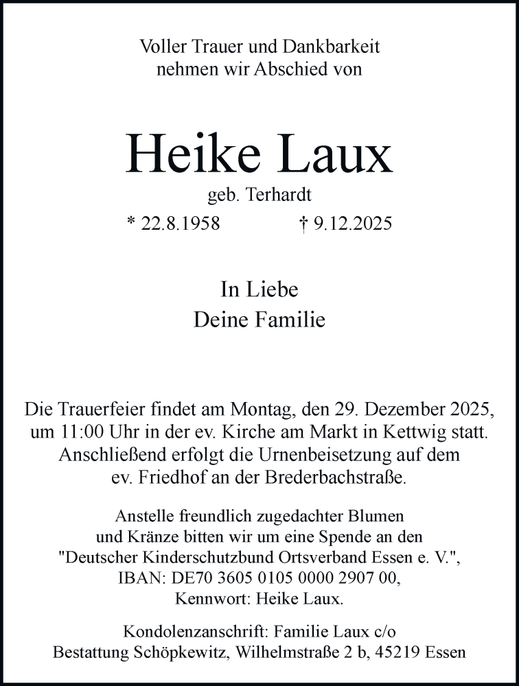  Traueranzeige für Heike Laux vom 20.12.2025 aus Tageszeitung