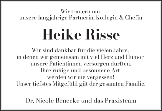Traueranzeige von Heike Risse von Tageszeitung