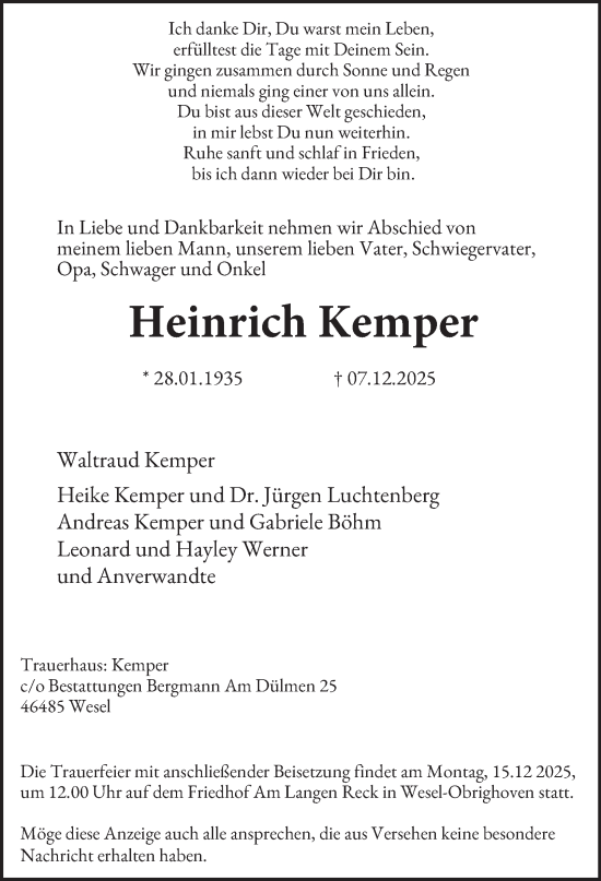 Traueranzeige von Heinrich Kemper von Tageszeitung